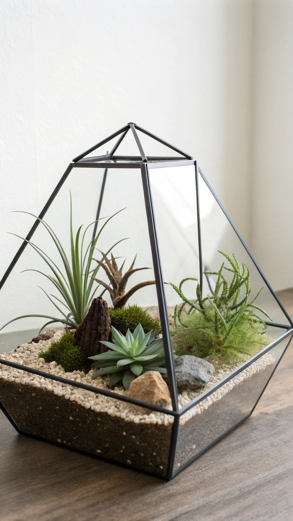 A modern minimalist terrarium featuring a geometric glass container with various plants and decorative stones.
