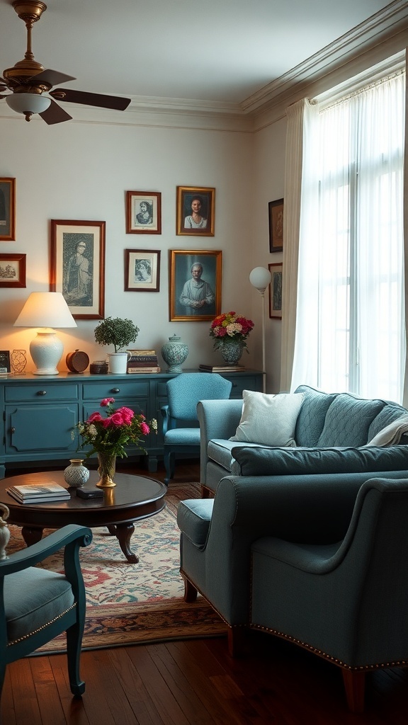 Cozy living room featuring vintage blue furniture, framed portraits on the wall, and a warm lamp.