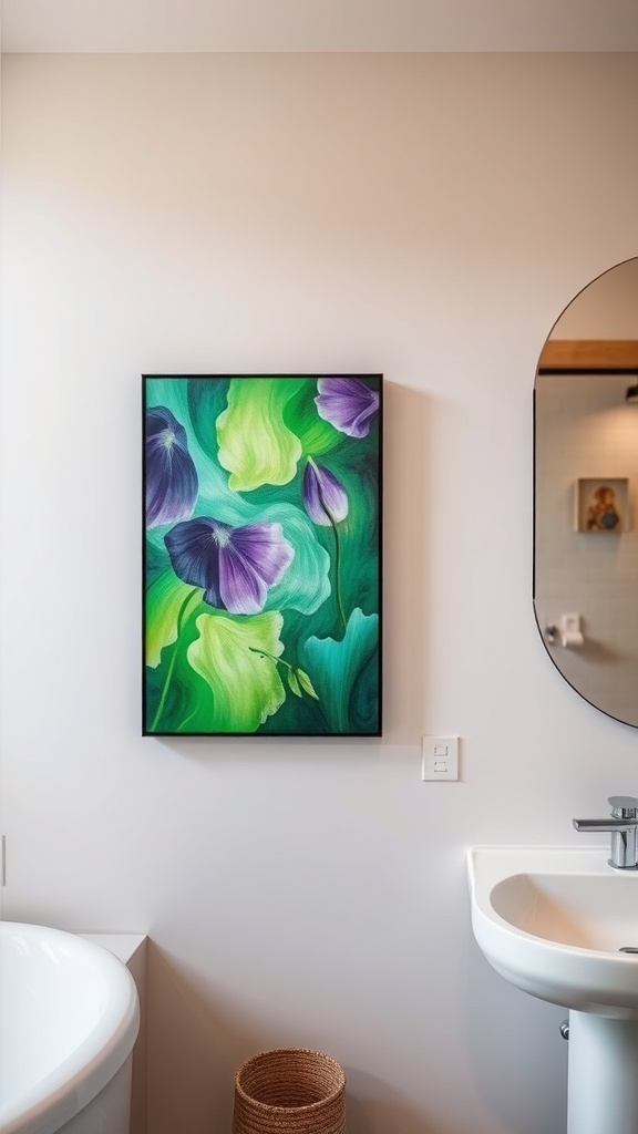 A vibrant green and purple artwork featuring flowing shapes, hanging on a bathroom wall.