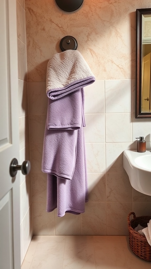 Amethyst colored towels hanging in a bathroom