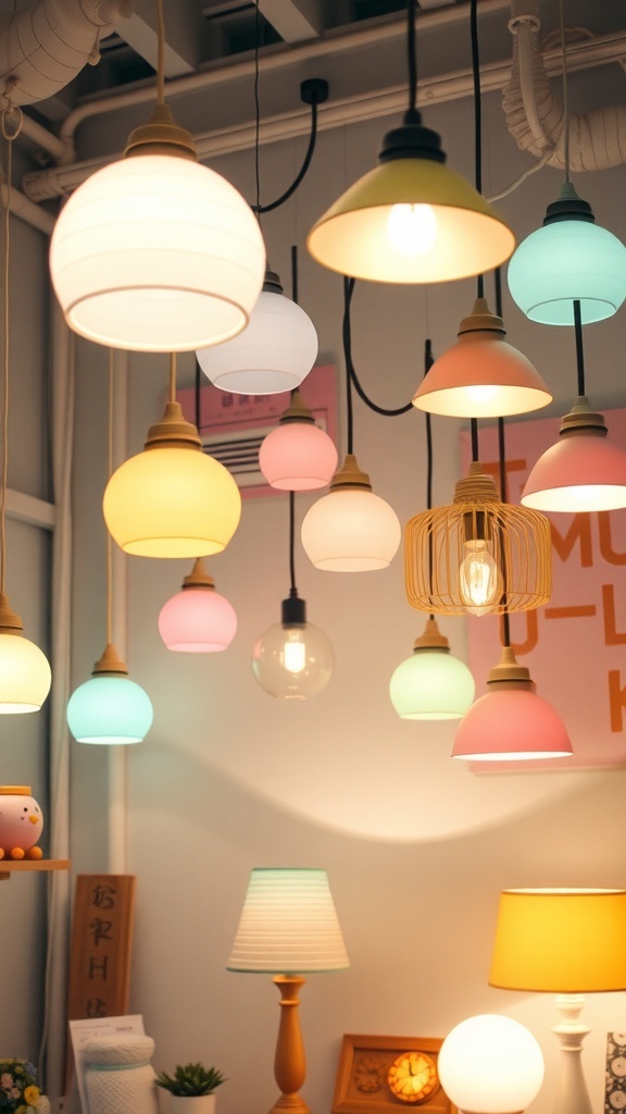 A collection of colorful kawaii-themed lamps in various shapes and sizes, showcasing pastel colors and playful designs.
