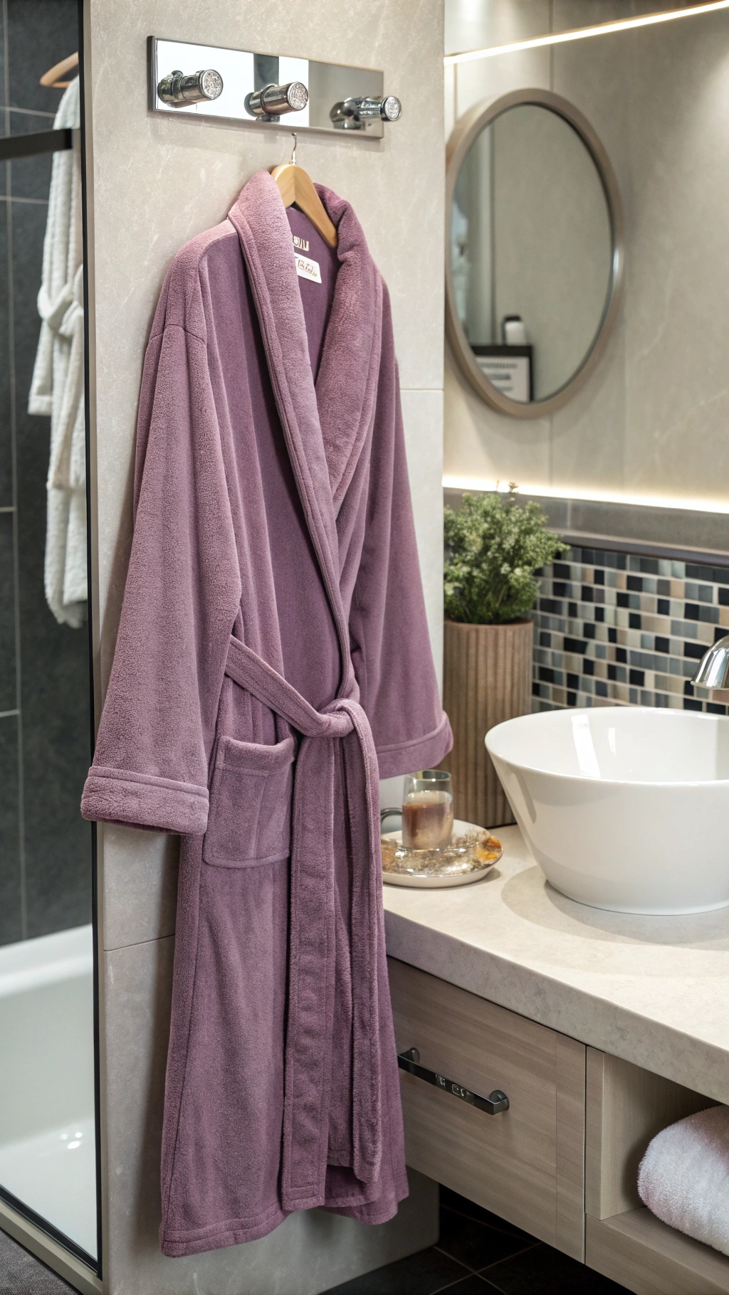 A plush plum-colored bathrobe hanging on a hook in a modern bathroom.