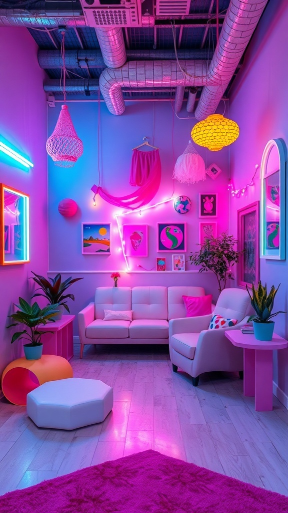 A cozy room decorated with neon lights, pastel furniture, and playful art, showcasing kawaii decor.
