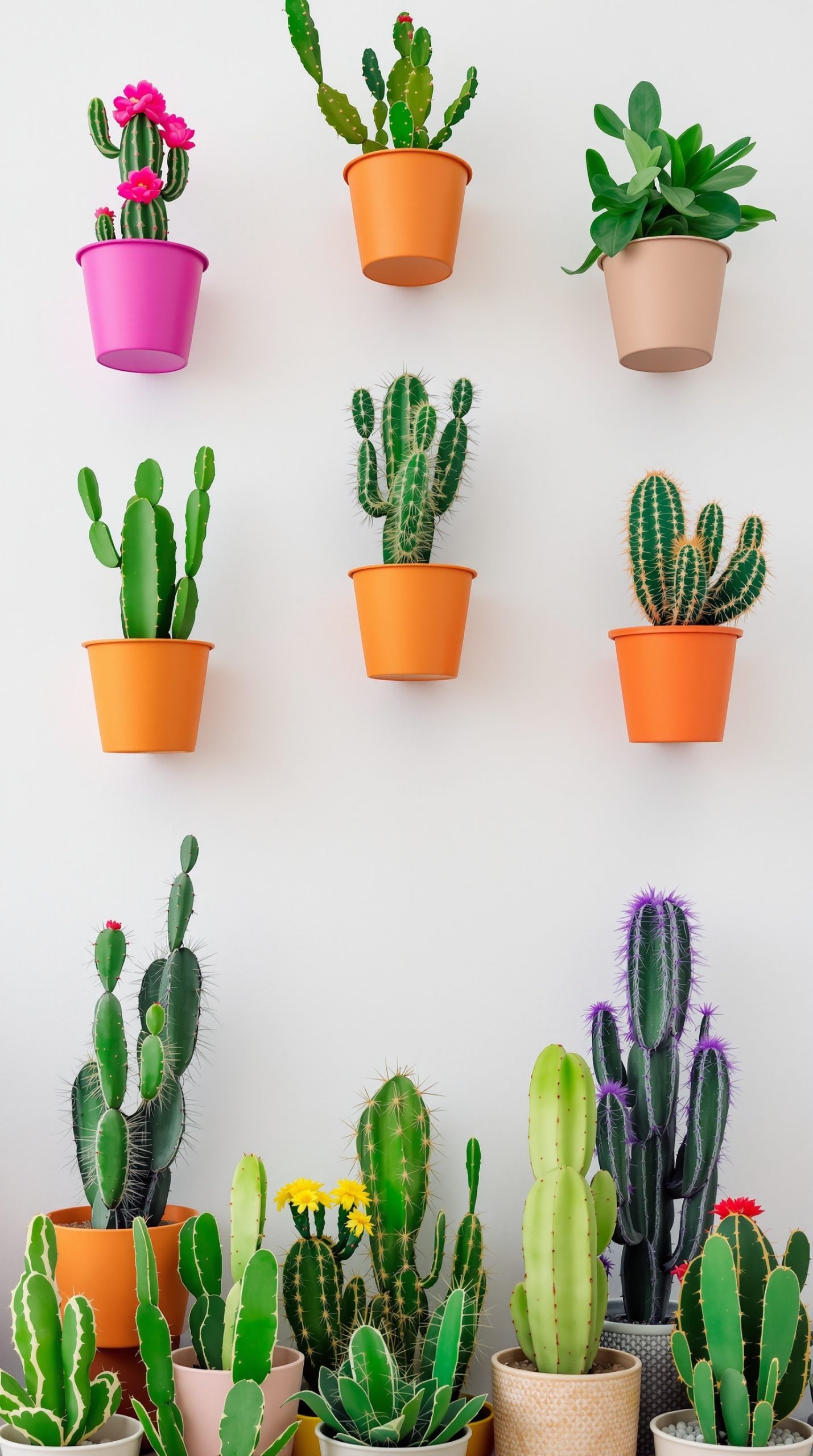 A collection of colorful cacti in wall-mounted planters, showcasing various shapes and sizes.