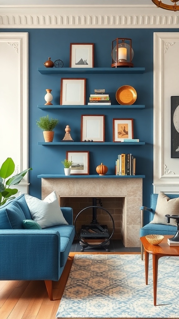 Chic blue wall shelves with decorative items in a cozy living room