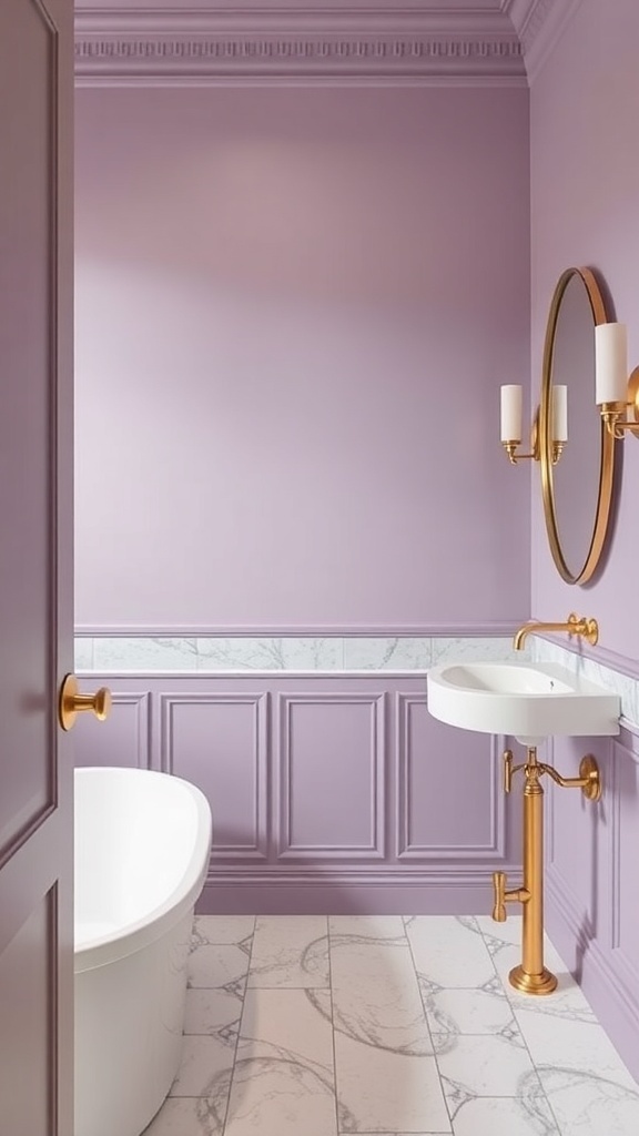 A bathroom with lavender walls and gold fixtures, featuring a freestanding bathtub and a stylish sink.