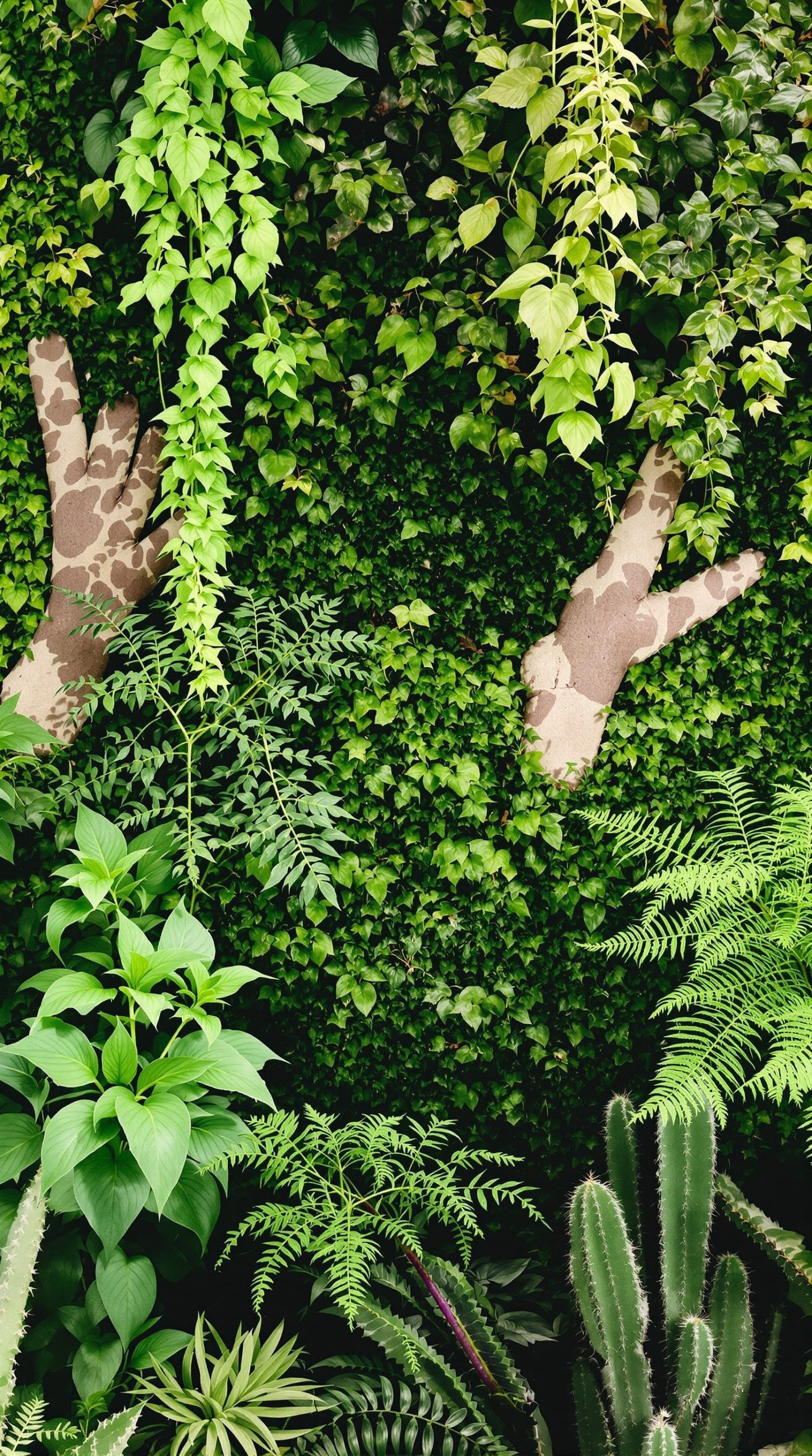 A green wall featuring a variety of plants including ferns, leafy greens, and cacti, with a playful hand-shaped structure emerging from the greenery.