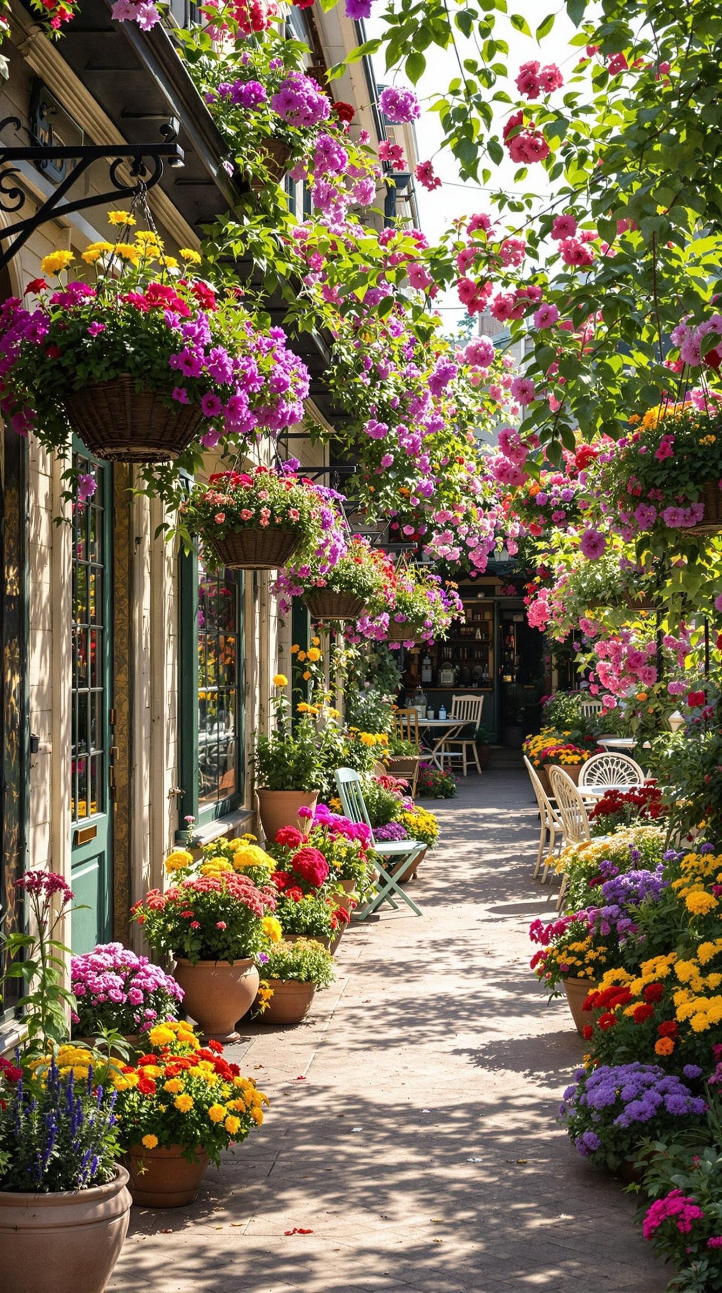 Colorful hanging flower baskets and potted plants in a charming outdoor patio setting.