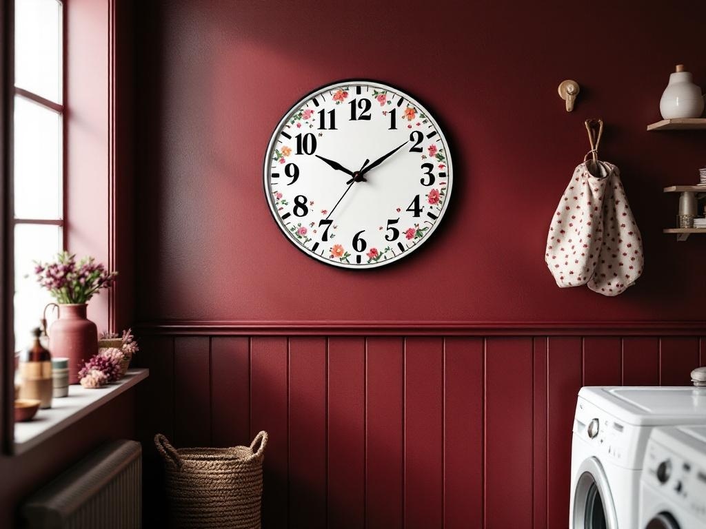 A whimsical wall clock with floral design on a burgundy wall in a laundry room.