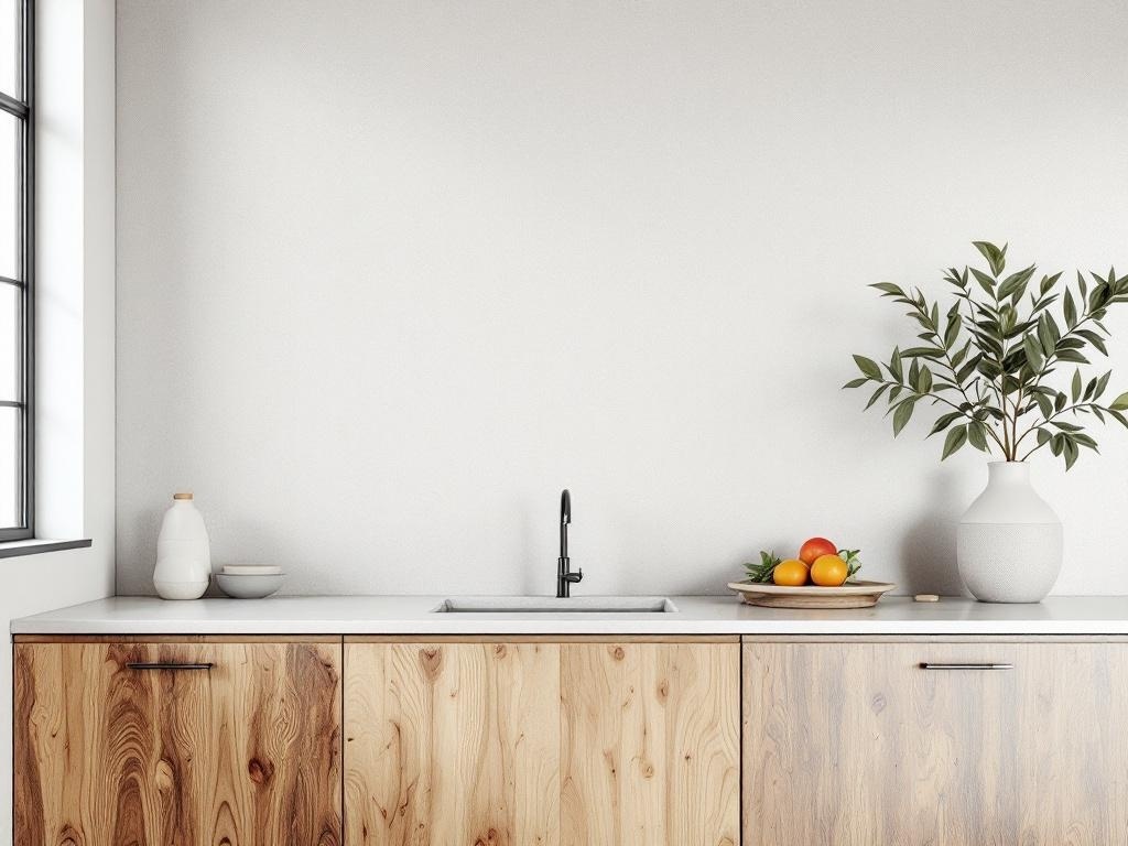 A modern kitchen with wooden cabinetry, a sleek countertop, and minimal decor, showcasing the Japandi aesthetic.