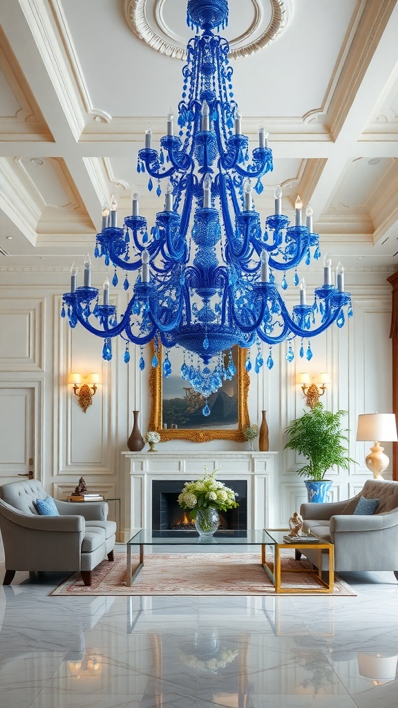 A stunning blue chandelier hanging in a bright living room with elegant decor.
