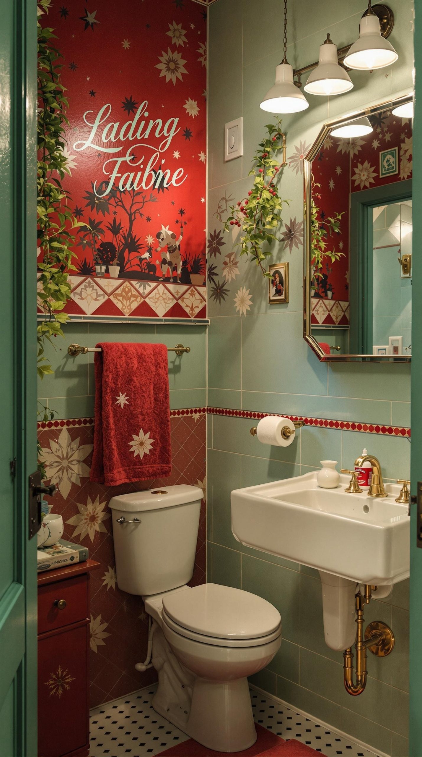 A vintage-style bathroom featuring red wallpaper, green tiles, gold fixtures, and plants.