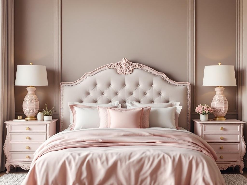 Stylish nightstands in a beautifully decorated master bedroom with light pink decor.