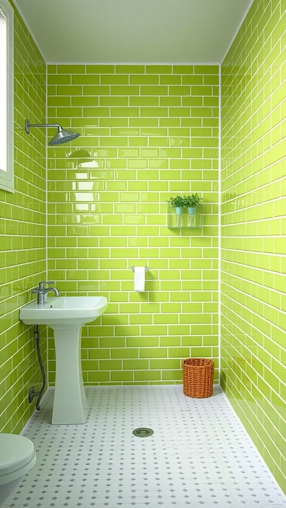 Bright lime green shower tiles in a modern bathroom with white fixtures and a small plant.