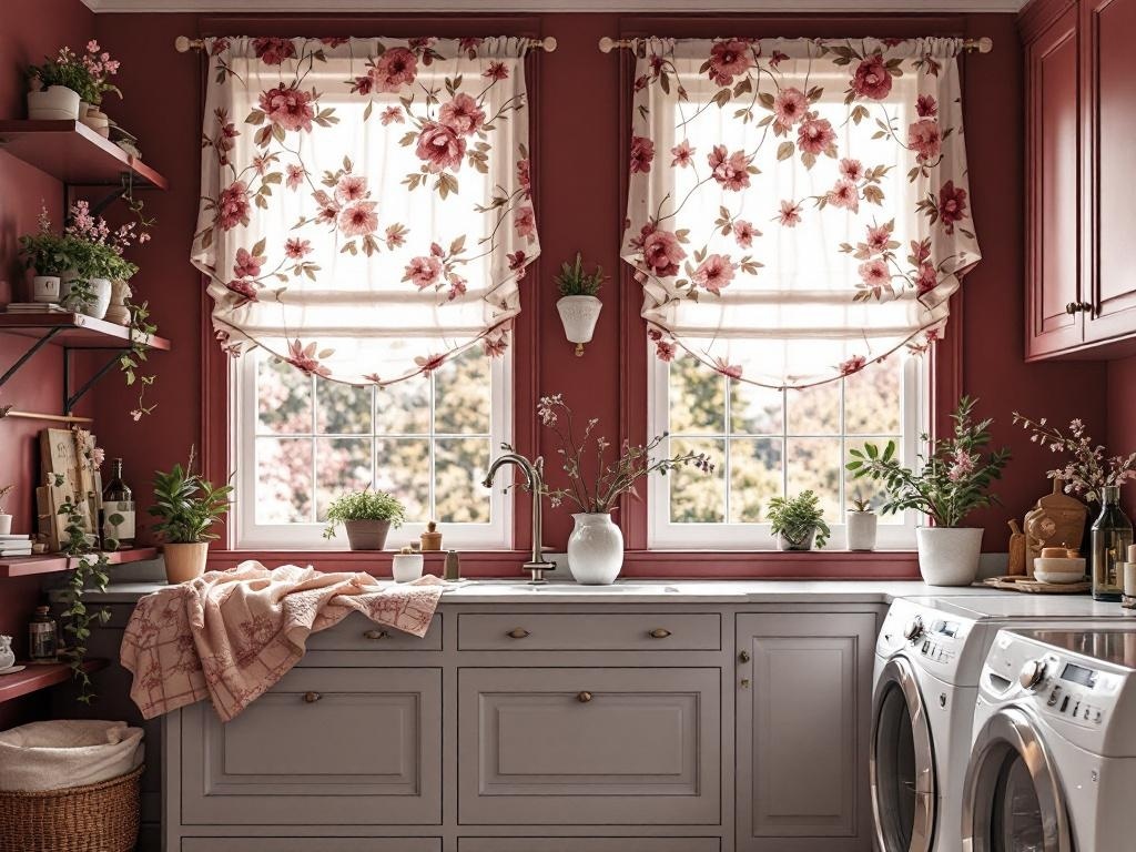 A stylish laundry room with burgundy walls and floral window treatments.