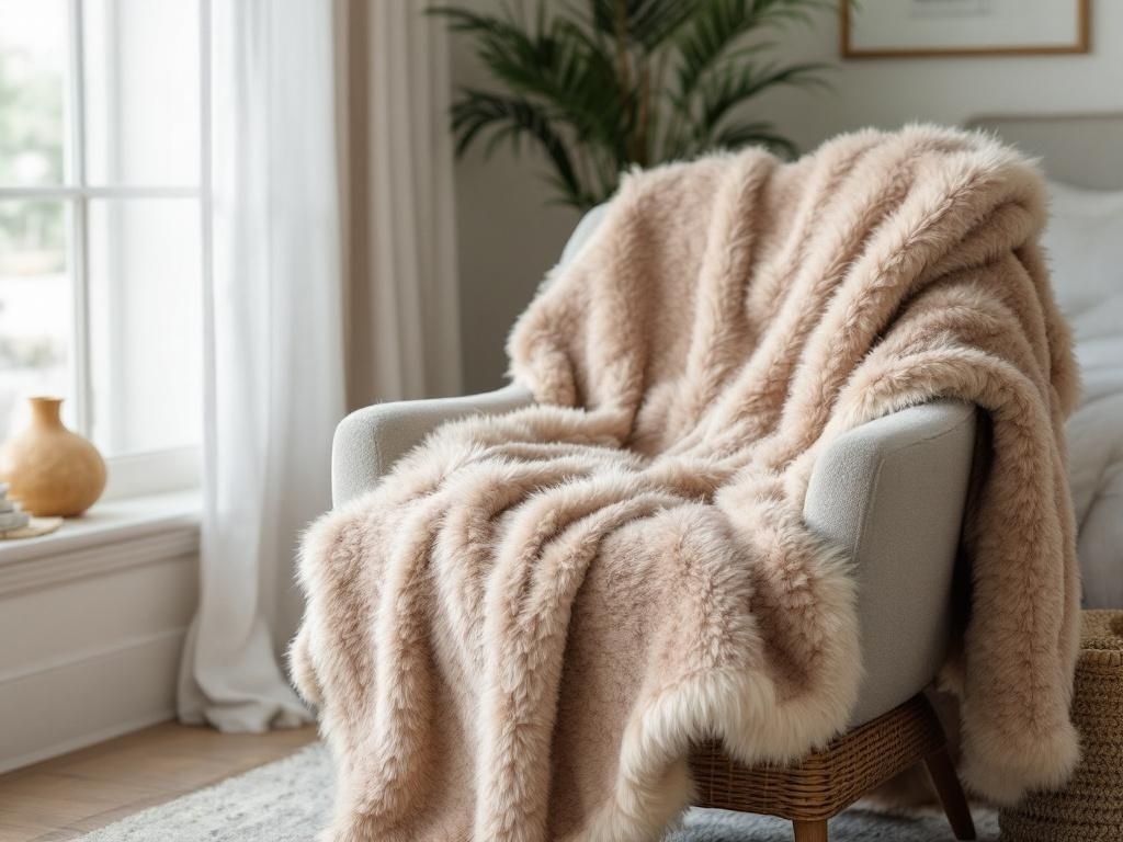 A cozy faux fur throw blanket draped over a chair in a bright bedroom.