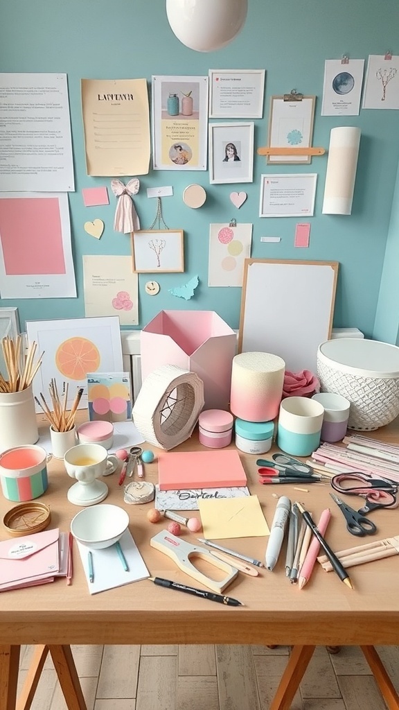 A pastel-themed workspace with various craft supplies and a mood board.