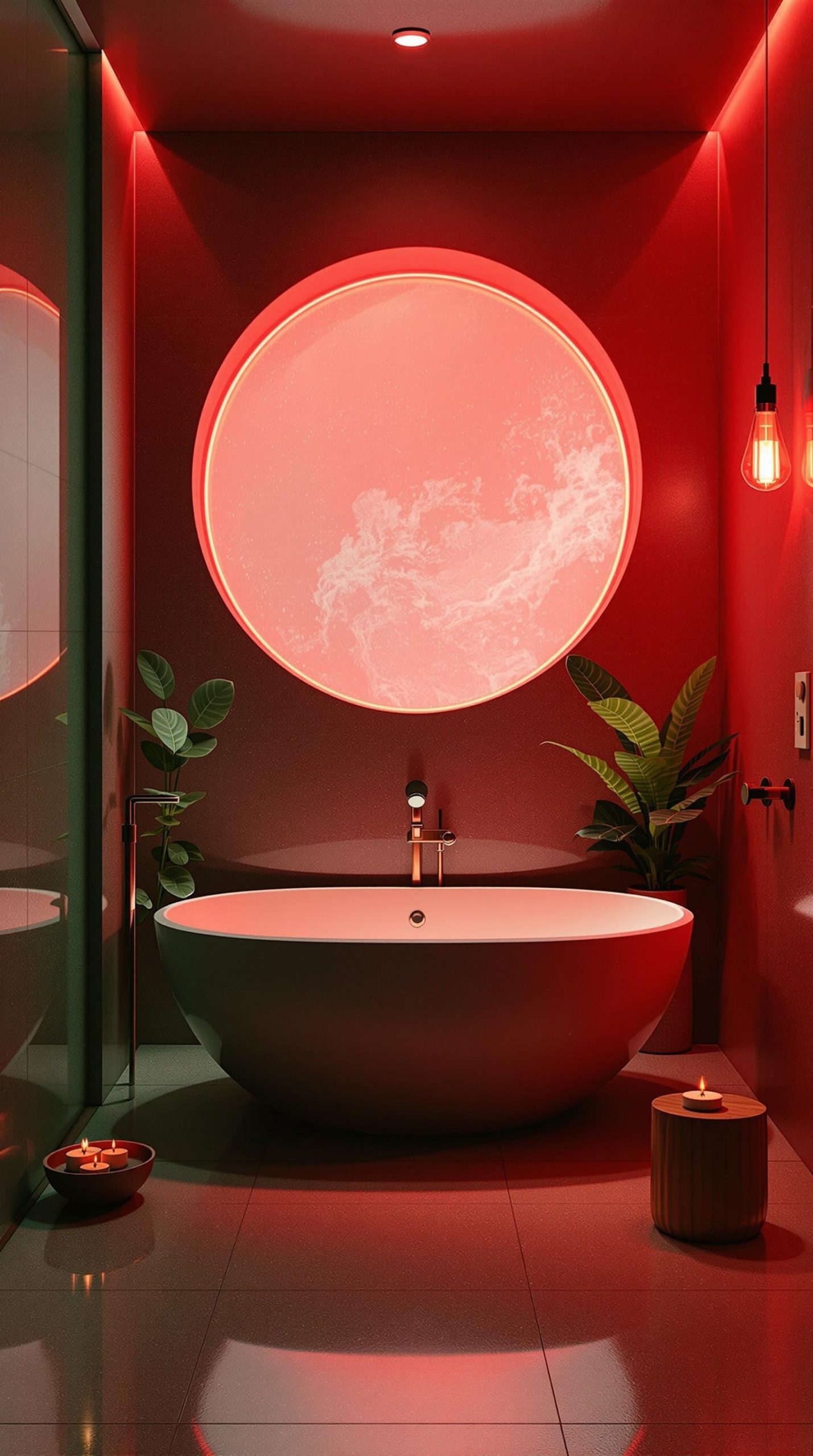 A modern bathroom with red and green colors, featuring a round window, a freestanding bathtub, and candles.