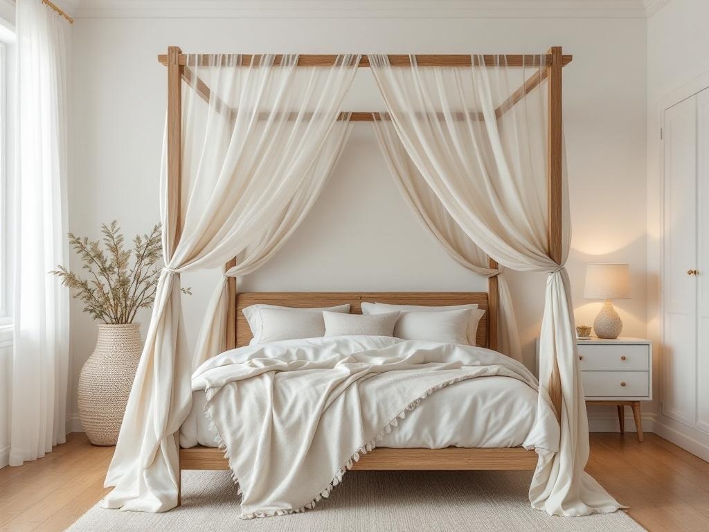 A cozy beachy canopy bed with soft fabrics and natural decor.