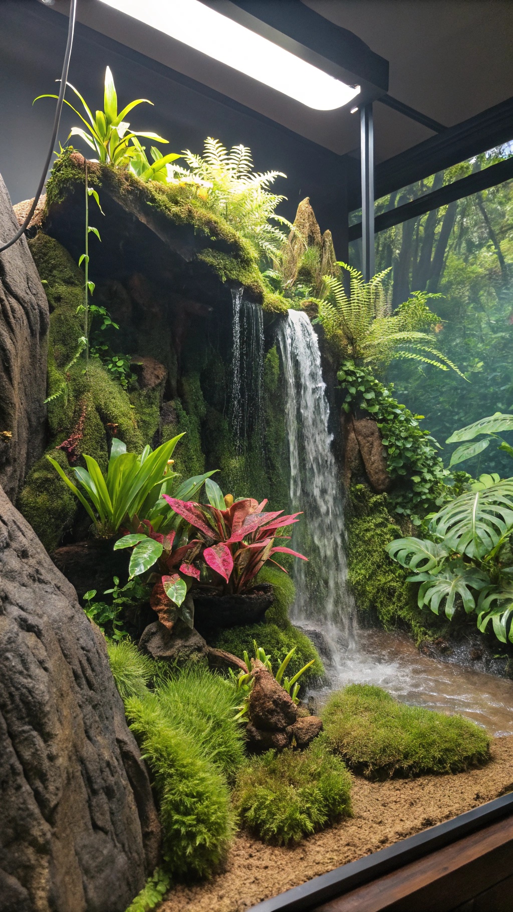 A tropical rainforest terrarium featuring a waterfall and various plants.