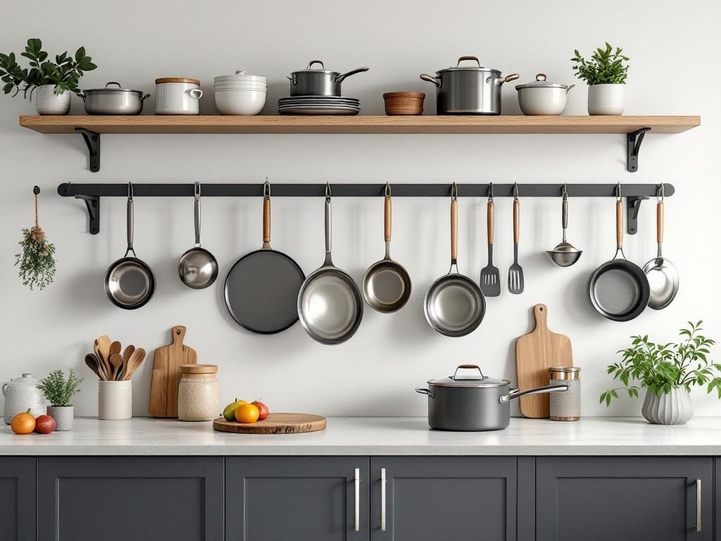 A modern kitchen with an artful display of cookware on shelves and a hanging rack.