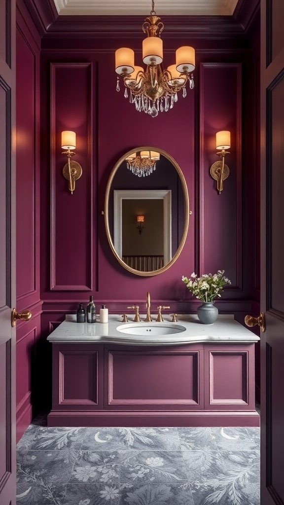 A luxurious bathroom with plum colored walls, marble countertop, and elegant gold fixtures.