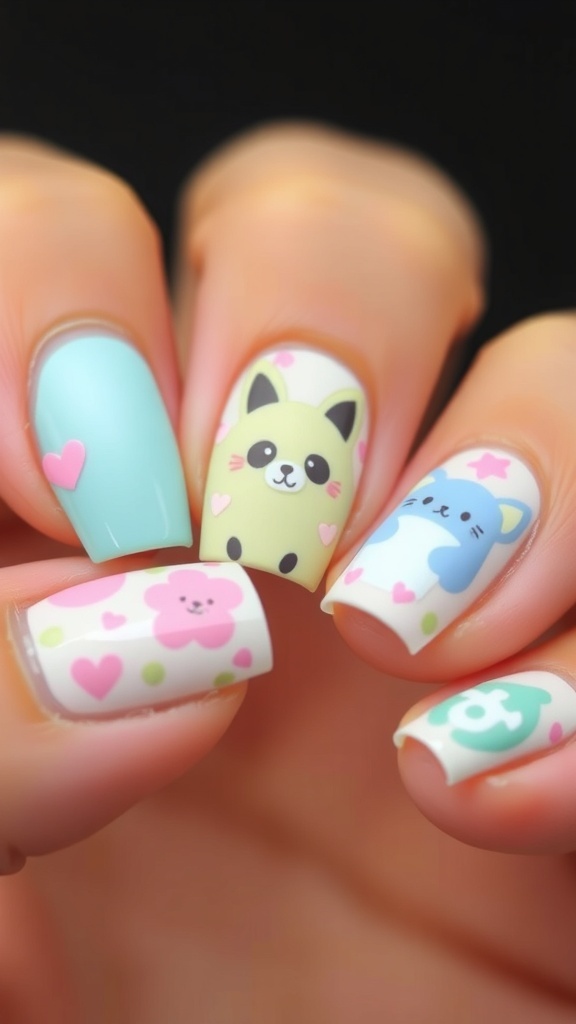 Colorful kawaii nail art featuring cute animal designs and pastel colors.