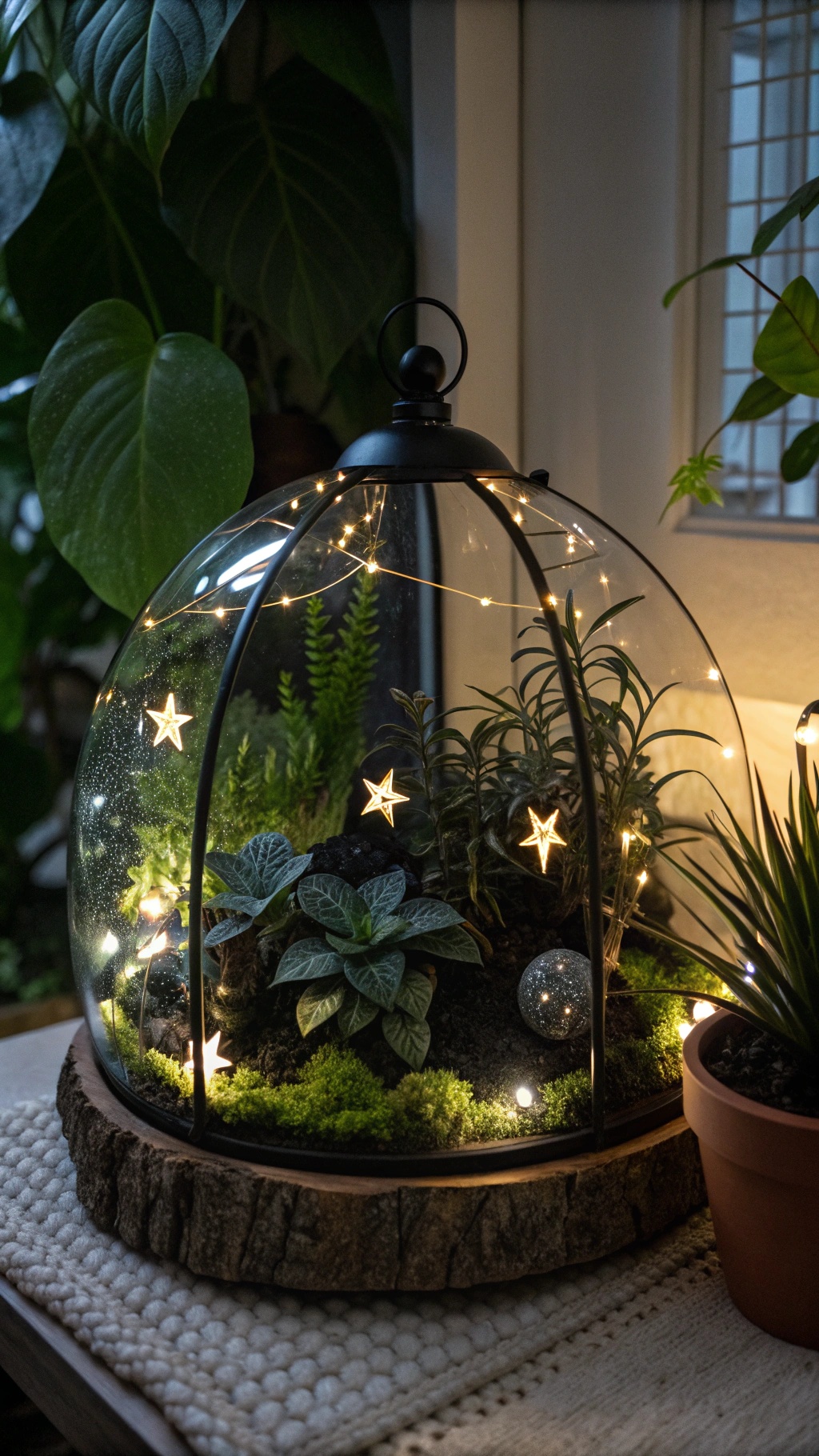 A beautifully lit terrarium with plants and star decorations, resembling a night sky.
