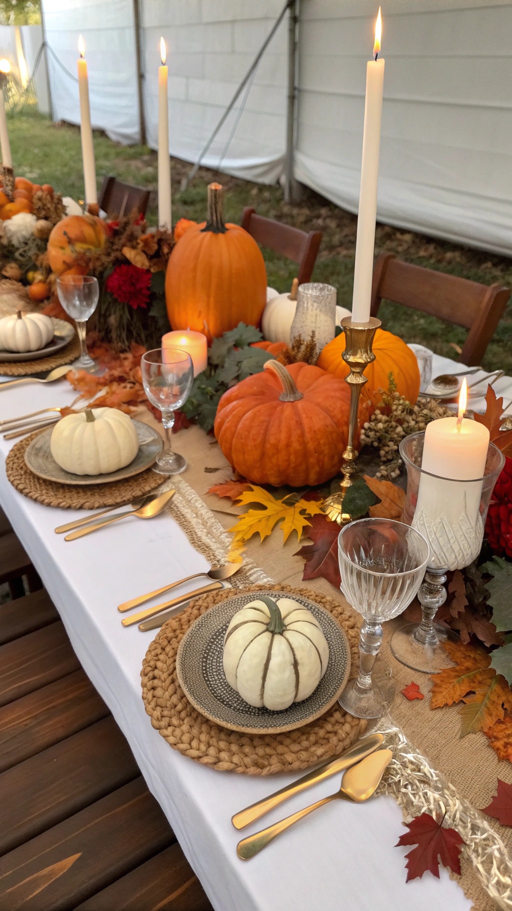 A beautifully decorated harvest table with pumpkins, candles, and autumn leaves.
