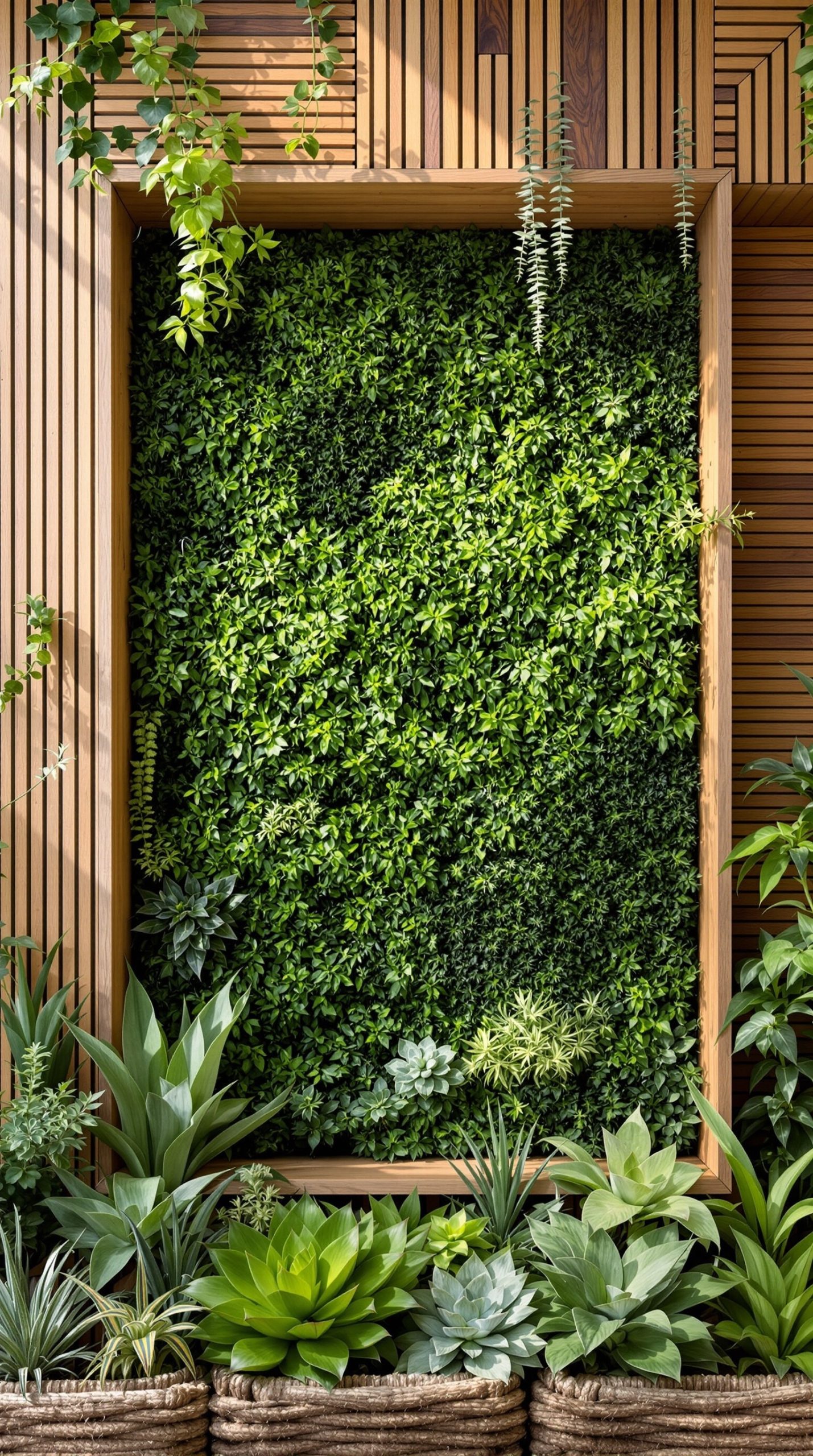 A beautiful succulent wall framed with natural wood, featuring various green plants and woven baskets.