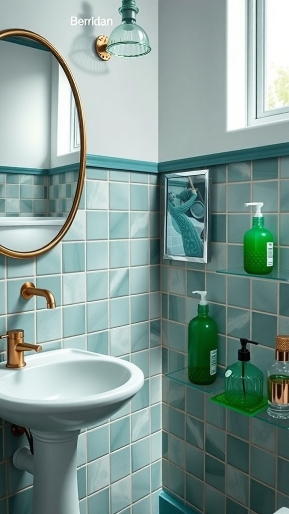 A stylish bathroom featuring emerald green accessories, including bottles and fixtures, set against blue tiles.
