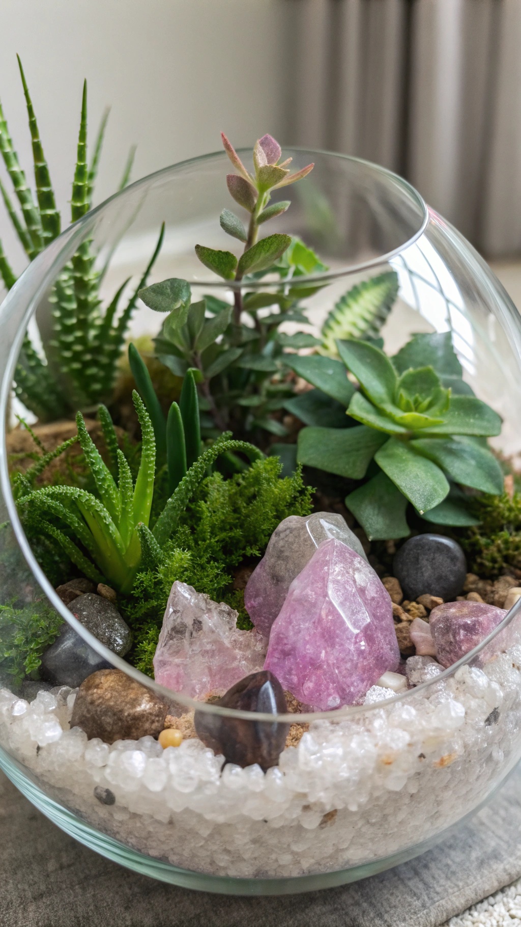 A terrarium featuring various plants and colorful crystals.