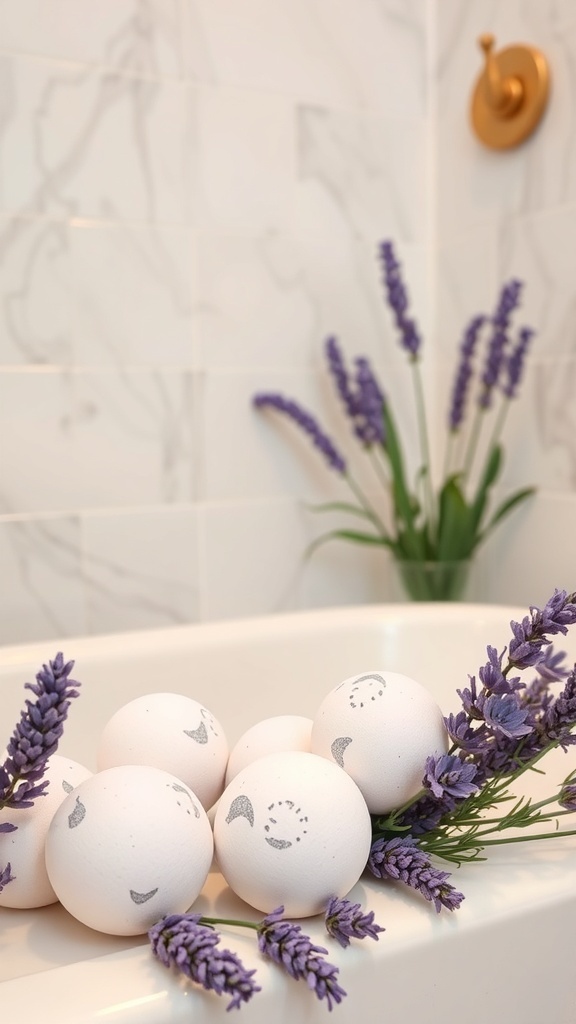 Display of lavender bath bombs with sprigs of lavender in a stylish bathroom setting