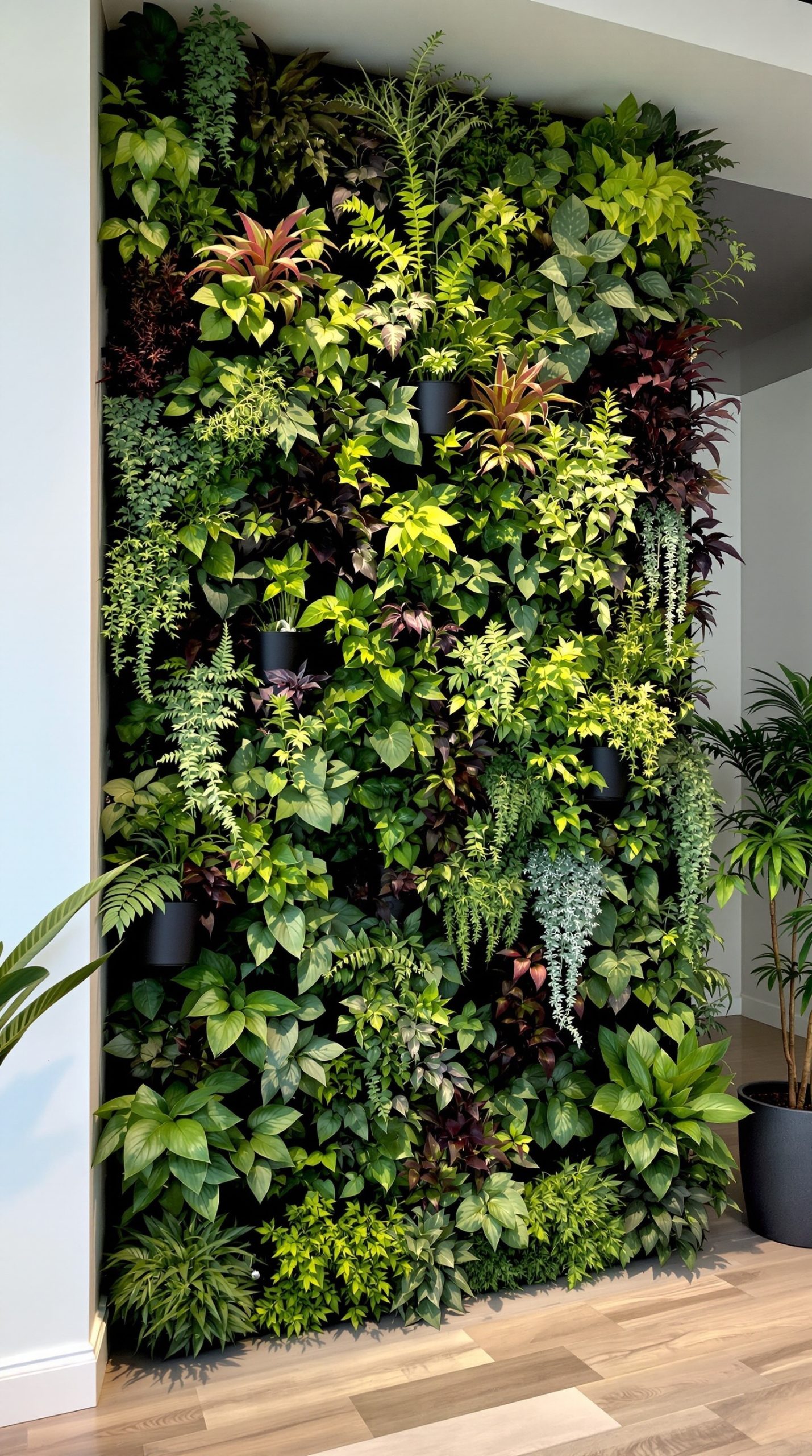 A vertical garden filled with various plants, showcasing a mix of ferns and leafy greens.