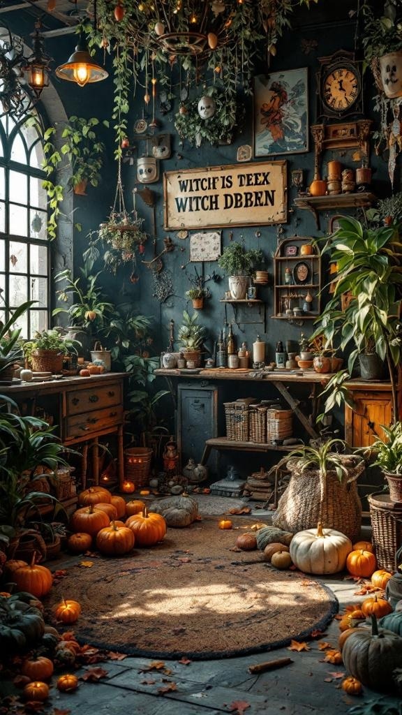 A cozy witch den featuring tarot card rugs, neon lava lamps, and various plants and decorations.