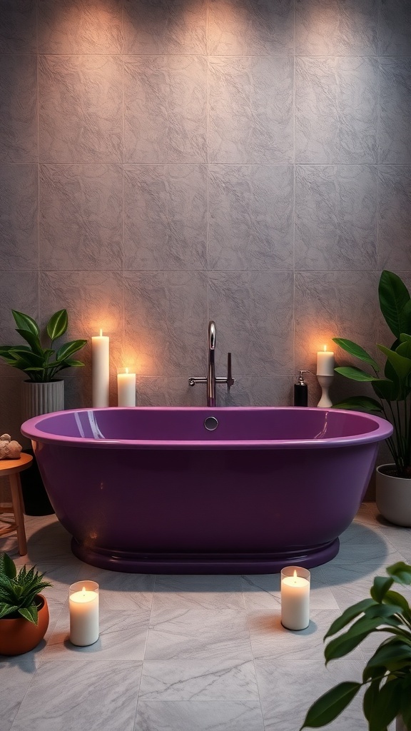 A deep purple bathtub surrounded by candles and plants in a modern bathroom setting.