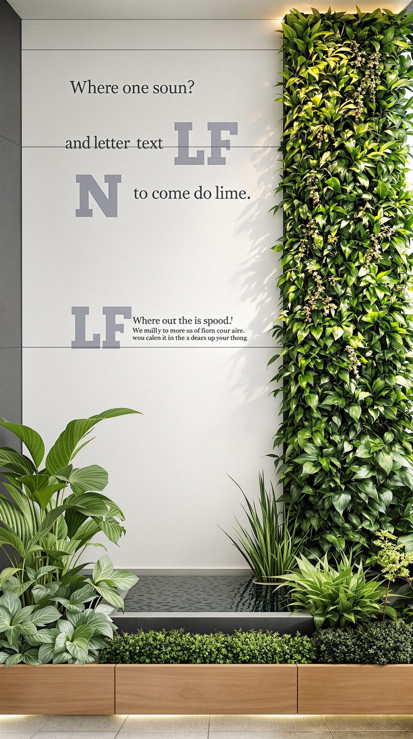 A living wall featuring lush greenery and a water feature, creating a tranquil indoor space.