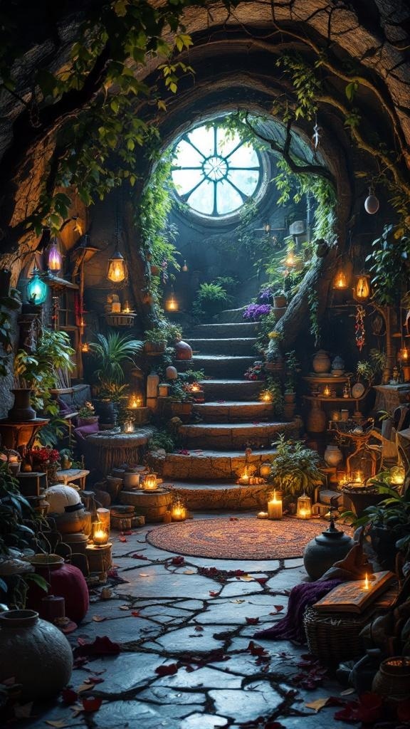 A cozy witch den with tarot card rugs, candles, and neon lava lamps.