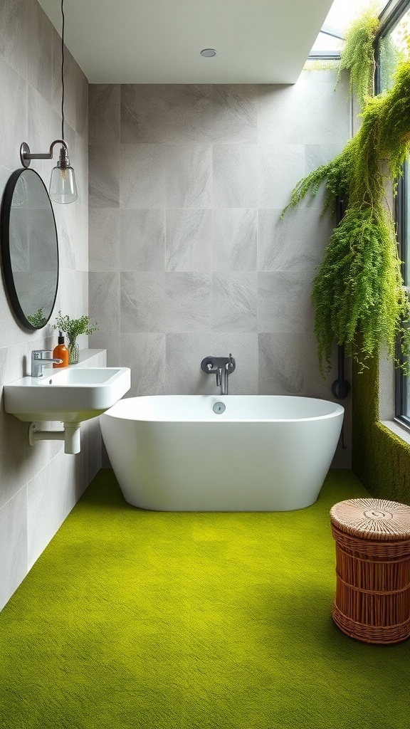 A bathroom featuring moss green flooring, white tiled walls, and modern fixtures.