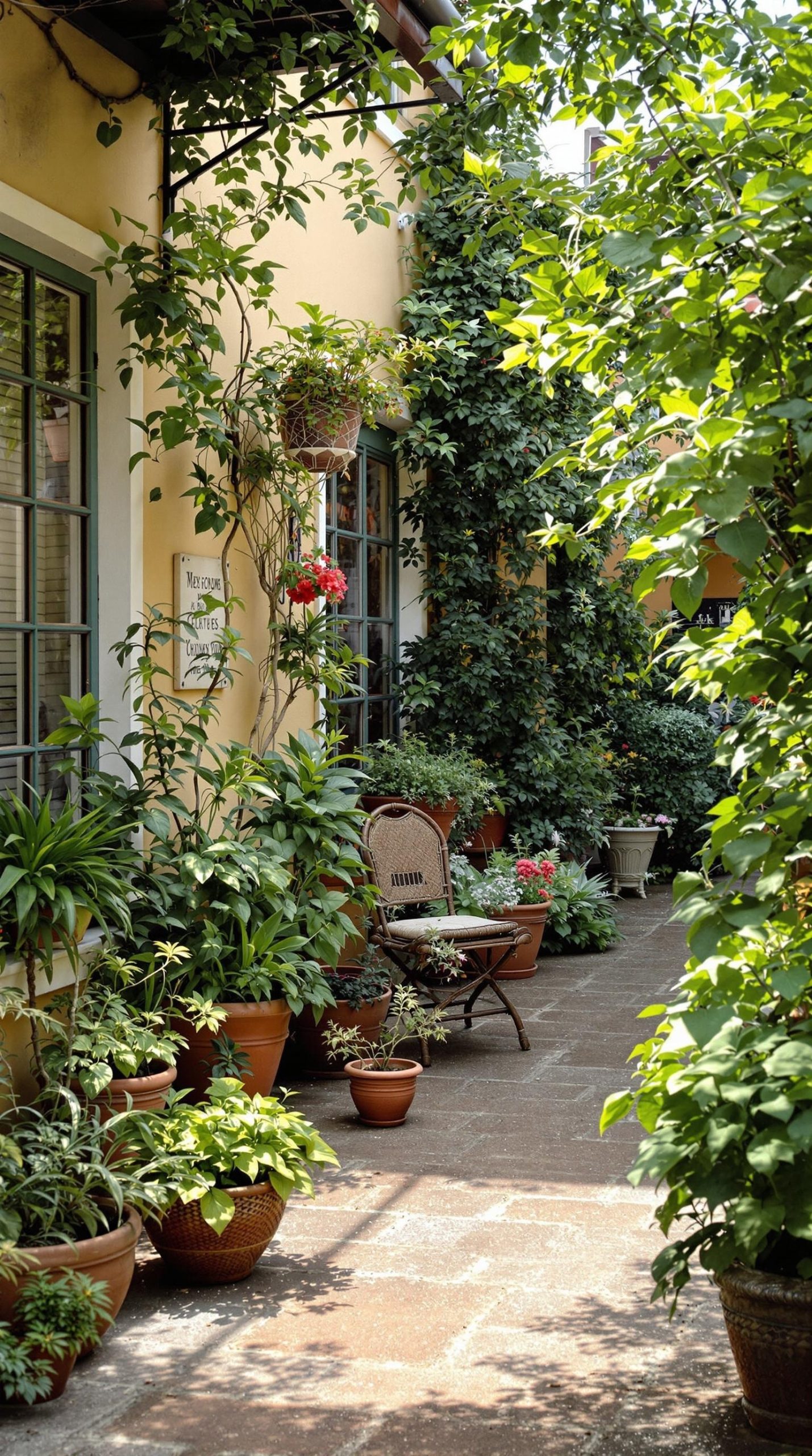 A cozy patio filled with various potted plants and a chair, creating a vibrant outdoor space.