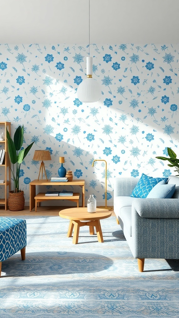 A bright living room featuring blue patterned wallpaper, a light blue sofa, and a patterned ottoman.