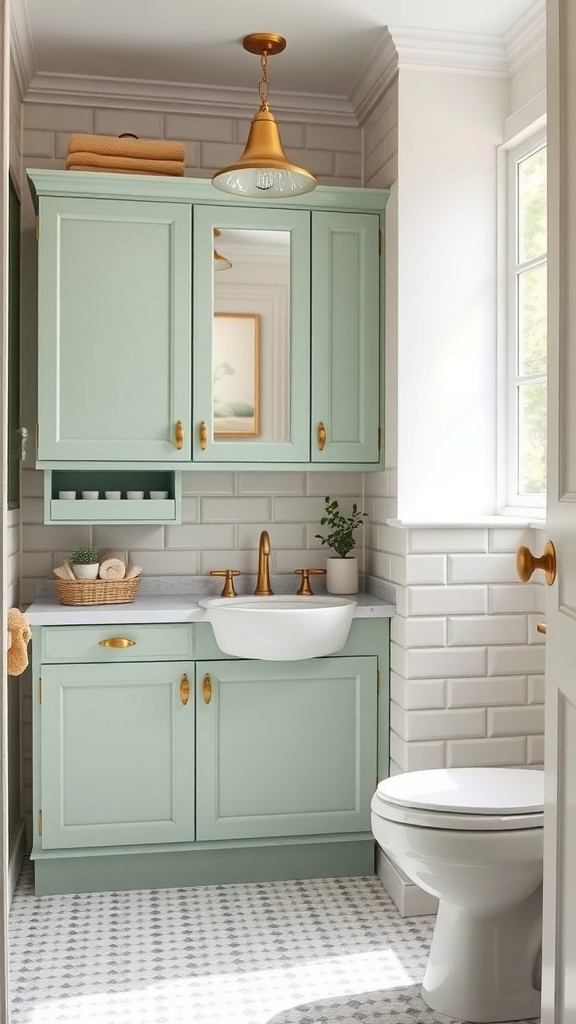 A bathroom featuring pastel green cabinets, golden fixtures, and light-colored tiles.