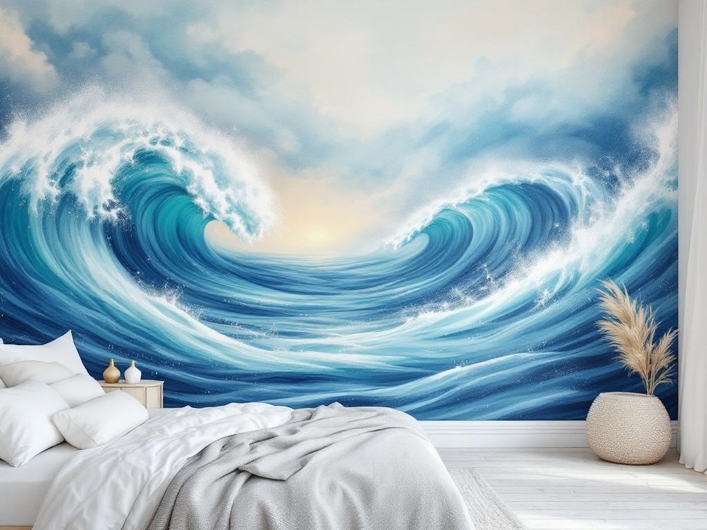Ocean wave mural in a coastal bedroom