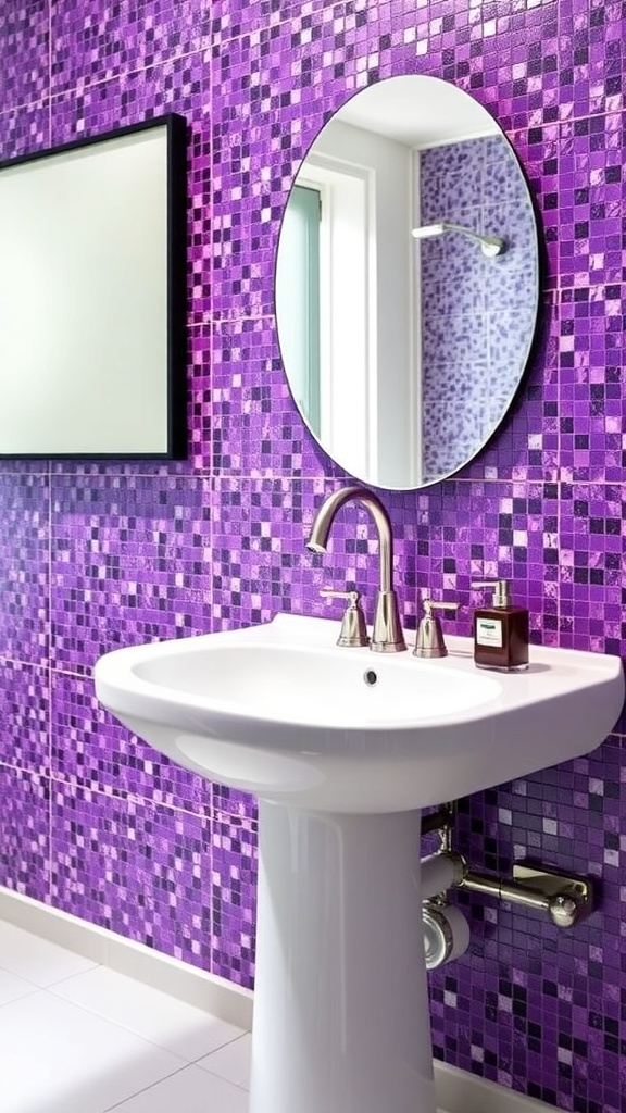 A bathroom featuring a vibrant purple mosaic backsplash, a round mirror, and a white sink.