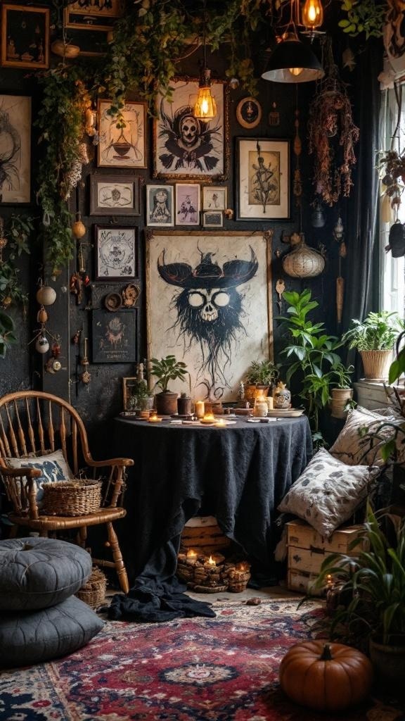 A cozy witch den featuring tarot card rugs, neon lava lamps, and eclectic decor.