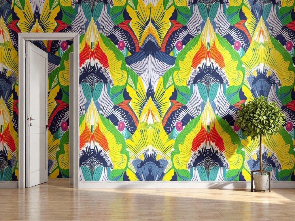 A room with bold floral wallpaper in vibrant colors, featuring a door and a potted plant.