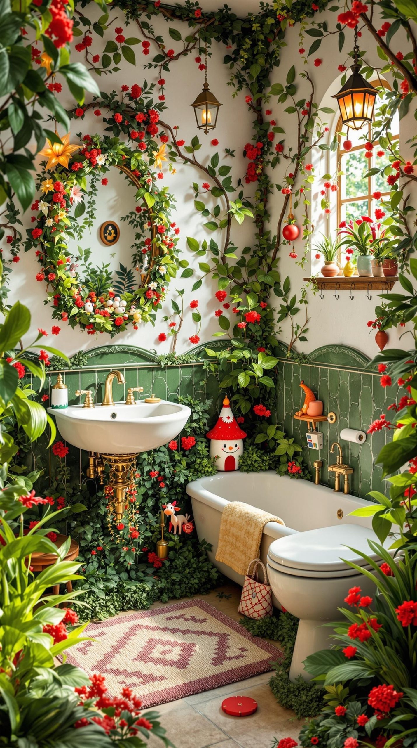 A whimsical bathroom decorated with red flowers and green leaves, featuring a bathtub, sink, and playful figurines.