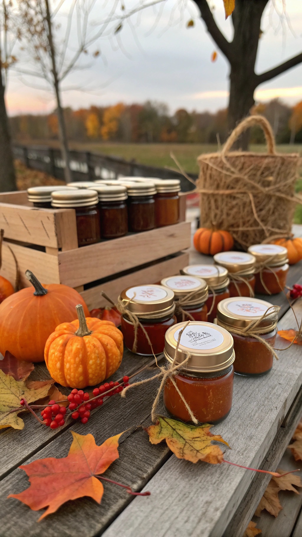 Mini jars of jam and honey with pumpkins and autumn leaves on a wooden table.