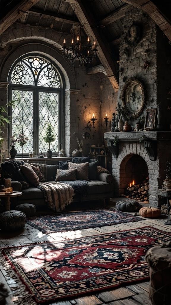 A cozy witch den featuring tarot card rugs and neon lava lamps.