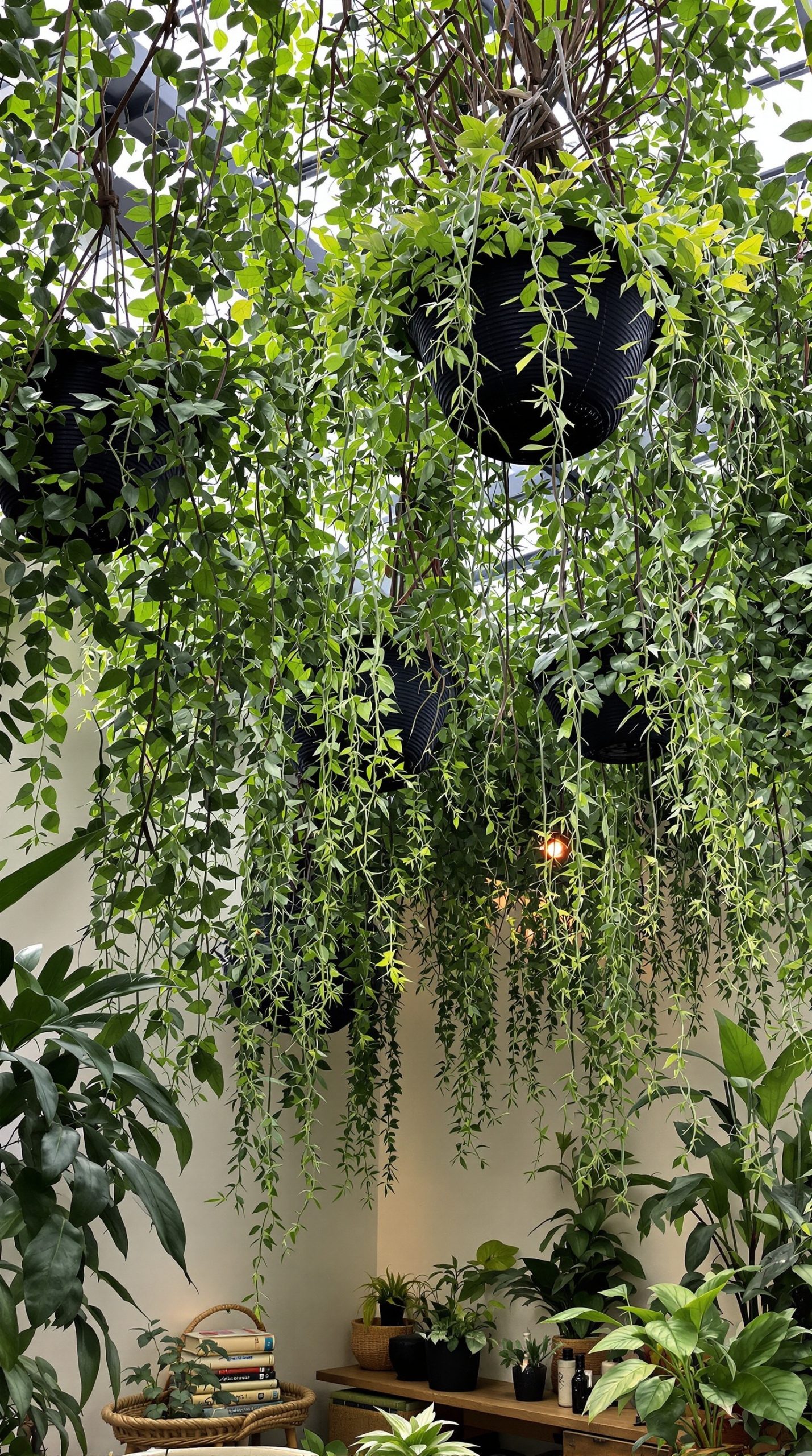 Indoor space with hanging greenery, featuring cascading plants in black pots.